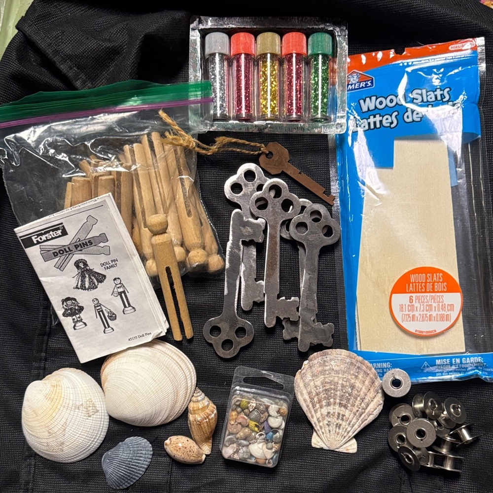Craft Supplies Bundle- wooden pins, keys, shells, glitter, bobbins, wood slats